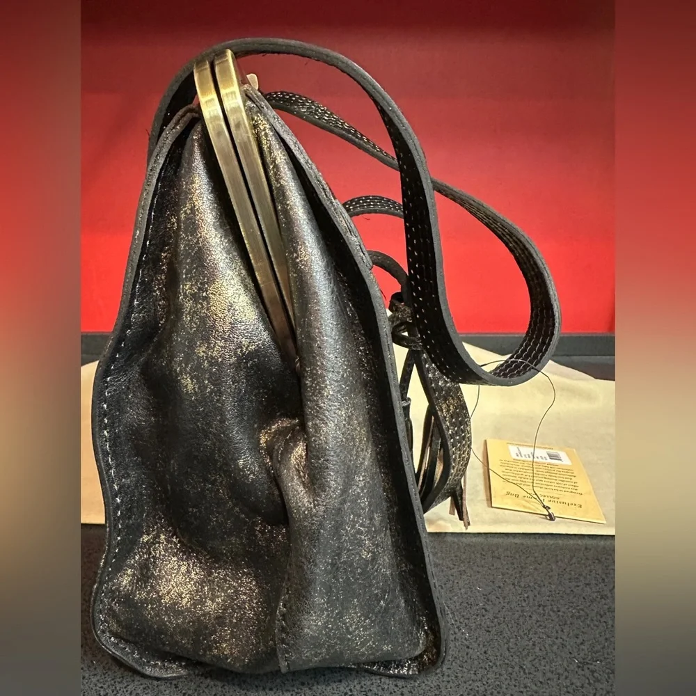 NWT Patricia Nash Distressed Black & Gold Lamé Finish Dual Strap Leather Satchel